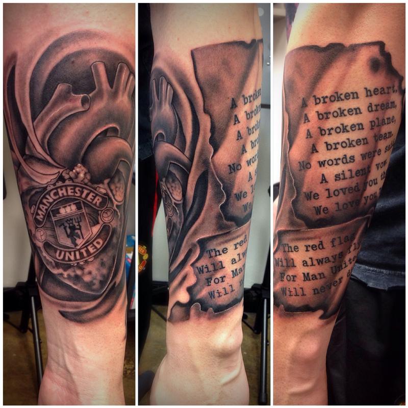 Black and Grey Manchester United Memorial Tattoo by David Mushaney by